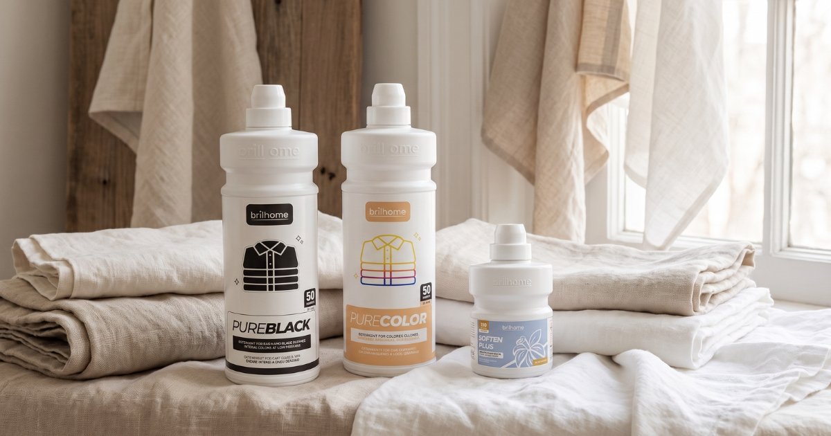 Detersivi bucato Brilhome: PURE WHITE, PURE COLOR e PURE BLACK con ammorbidenti SOFTEN PLUS