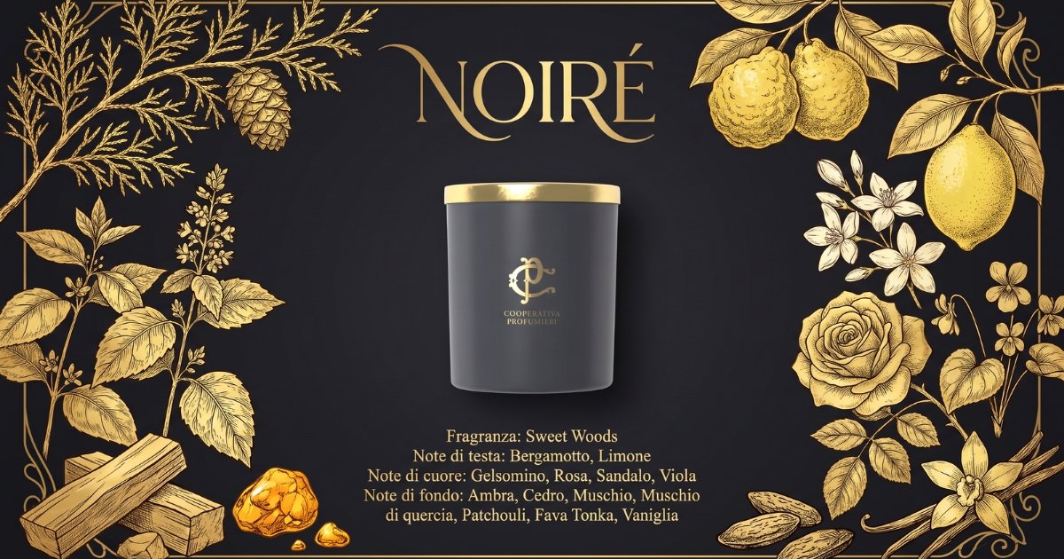 Candela profumata NOIRÉ Chogan Cooperativa Profumieri, fragranza Sweet Woods