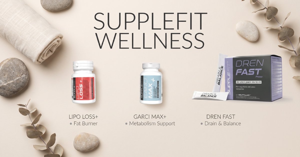 Integratori per il controllo del peso Supplefit: capsule Garci Max, Lipo Loss e stick pack Dren Fast