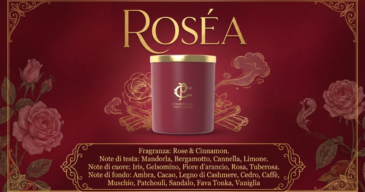 Candela profumata ROSÉA Chogan Cooperativa Profumieri, fragranza Rose & Cinnamon