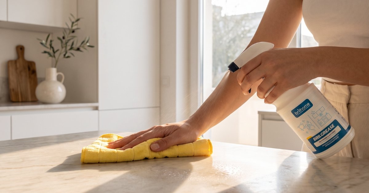 Utilizzo dei detersivi Brilhome Chogan: spruzzo di prodotto superconcentrato su una superficie da pulire